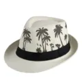 Cappello di paglia estivo stile trilby con stampa di palme tropicali e fascia nera protettiva - Taglia adulto 56-58cm / Stile 5-Giallo Beige