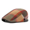 Vintage British style plaid flat cap for men and women in earthy tones with leather brim - Fits 55-60cm Head Circumference / Style 1-Khaki