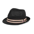 Classic black straw fedora jazz hat with a striped beige ribbon for summer sun protection - Fits approx. 57-58cm head circumference / Black and Beige Striped Band / Black