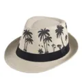 Cappello fedora in paglia con stampa tropicale a palme e fascia nera per la spiaggia - Taglia adulto 56-58cm / Stile 5-Cachi Chiaro