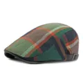 Retro British style plaid beret flat cap for men and women in multi-color check - Fits 55-60cm Head Circumference / Style 1-Green
