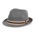 Breathable grey woven straw fedora hat featuring an elegant striped ribbon band for summer - Fits approx. 57-58cm head circumference / Black & Beige Striped Ribbon Style / Gray