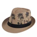 Cappello fedora vintage in paglia kaki con stampa di palme per la protezione solare in spiaggia - Taglia adulto 56-58cm / Stile 5-Cachi Scuro