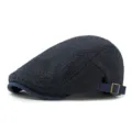Classic navy blue knit flat cap with checkered texture and adjustable back buckle - Adjustable Hat Circumference 55-60cm / Style 2-Navy Blue