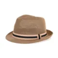 Breathable straw fedora hat in khaki featuring a decorative striped ribbon band for summer - Fits approx. 57-58cm head circumference / Black & Beige Striped Ribbon Style / Light Coffee