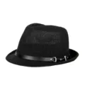 Breathable black straw jazz fedora hat with decorative faux leather band for summer - Fits approx. 57-58cm head circumference / Metal Buckle Leather Band Style / Black