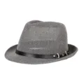 Classic grey woven straw jazz fedora hat with black leather band and gold metal buckle - Fits approx. 57-58cm head circumference / Metal Buckle Leather Band Style / Gray
