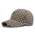 Stylish brown and white houndstooth baseball cap with a classic structured hard top design. - Style 3 / Rice Coffee