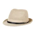 Stylish beige straw fedora jazz hat featuring a black leather band for summer beach wear - Fits approx. 57-58cm head circumference / Metal Buckle Leather Band Style / Beige