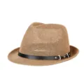 Breathable straw fedora sun hat featuring a black leather band with gold-tone metal buckle accents - Fits approx. 57-58cm head circumference / Metal Buckle Leather Band Style / Brown