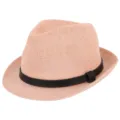 Breathable peach straw fedora hat with black leather band for summer sun protection - Fits approx. 57-58cm head circumference / Litchi Texture Leather Strap Style / Pink