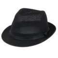 Breathable black straw yarn fedora jazz hat for summer sun protection - Fits approx. 57-58cm head circumference / Litchi Texture Leather Strap Style / Black