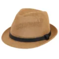 Breathable summer straw fedora sun hat in tan color featuring a black leather band - Fits approx. 57-58cm head circumference / Litchi Texture Leather Strap Style / Brown