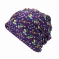 Berretto a turbante viola con motivi colorati di maschere e trombe di Mardi Gras - Adatto per circonferenza testa 55-60cm / Stampa di Elementi del Tema Mardi Gras (Stile 4-Colore 3) / Viola scuro