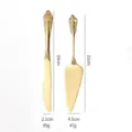 Detail view showing dimensions of vintage gold stainless steel cake knife and server set. - Vintage Engraved Style / Gold