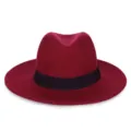 Elegante cappello fedora in feltro di lana bordeaux con tesa larga e fascia nera classica - M(56-58cm) / Nastro Quadrato / Borgogna