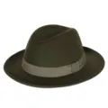 Cappello fedora classico in lana verde oliva con tesa larga e fascia decorativa - M(56-58cm) / Nastro Quadrato / Verde militare