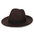 Classico cappello fedora in feltro di lana marrone scuro a tesa larga con nastro - M(56-58cm) / Nastro Quadrato / Caffè