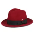 Classico cappello fedora in feltro di lana bordeaux con nastro nero e logo dorato - M(56-58cm) / Modello a fiocco / Borgogna
