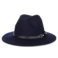 Elegante cappello fedora in feltro di lana blu notte con tesa larga e cinturino in pelle - M(56-58cm) / Fibbia per cintura / Blu navy