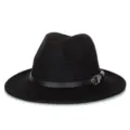 Elegante cappello Fedora in feltro di lana nero con tesa larga e cintura con fibbia - M(56-58cm) / Fibbia per cintura / Nero