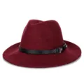 Cappello fedora in feltro di lana bordeaux a tesa larga con cintura in pelle nera - M(56-58cm) / Fibbia per cintura / Borgogna