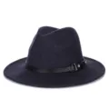 Classico cappello fedora jazz in feltro di lana blu navy con cintura in pelle nera - M(56-58cm) / Fibbia per cintura / Blu