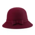 Elegante cappello cloche in feltro di lana bordeaux per donna con fiocco classico - 55cm (Piccolo) / Stile con Fiocco Grande / Borgogna