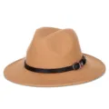 Cappello fedora in feltro di lana cammello con tesa larga e cinturino decorativo in pelle nera. - M(56-58cm) / Stile Fibbia per Cintura / Kaki