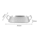 Detailed dimensions of the rectangular stainless steel BBQ grill tray with dual handles. - Stainless Steel Style / S