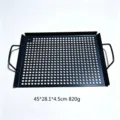 Geperforeerde roestvrijstalen vierkante BBQ-grillpan met handgrepen voor buiten koken - L / 45x28.1x4.5cm / Zwart