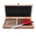 Premium set of 6 stainless steel steak knives with red handles in a wooden storage box - Set Of Six With Wooden Box / Red