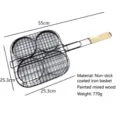 4-hole non-stick hamburger patty grill basket with wooden handle for BBQ - 55x25.3x25.3cm