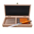 Premium set of 6 steak knives with orange resin handles and wooden storage box - Set Of Six With Wooden Box / Orange