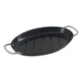Oval black non-stick grill pan with silver handles for BBQ vegetables and seafood. - Black