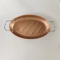 Copper-colored oval non-stick BBQ grill pan with silver handles for fish and meat roasting - Rose Gold
