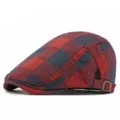 Berretto piatto vintage a scacchi rossi e blu con una fibbia laterale regolabile - Adatto per 55-59cm / Stile 3-Rosso Vino (Regolazione Laterale)