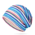 Farbenfrohe gestreifte Strickmütze für Damen mit weichem Futter und atmungsaktivem Mesh-Gewebe - Einheitsgröße / Stil 1 / Blau Lila Gelb Rosa