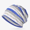 Blue and white striped slouchy beanie hat made of breathable and soft cotton mesh - 57-63cm Circumference / Blue Gray Rice Stripes