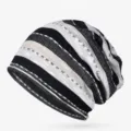 Unisex black and white horizontal striped cotton yarn slouchy beanie hat for spring - 57-63cm Circumference / Black Gray Rice Stripes
