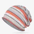 Stylish multi-colored striped cotton yarn slouchy beanie for spring and autumn wear. - 57-63cm Circumference / Orange Gray Rice Stripes
