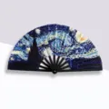 Large 33cm folding Kung Fu fan featuring Van Gogh Starry Night print with black plastic frame - The Starry Night