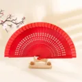 Abanico plegable tradicional de madera roja maciza para danza con soporte - Rojo China
