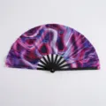 33cm Kung Fu folding fan with vibrant purple and red psychedelic neon wave pattern - Light Trails
