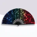 Large 33cm folding fan featuring vibrant colorful dot matrix print on black frame - Polka Dot