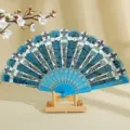 Ventaglio spagnolo classico blu con stampa oro e supporto in legno per danza - 23cm / Celeste