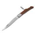 Close-up detail of a portable folding pocket knife with integrated corkscrew and ergonomic wood handle - 2 Pieces/Pack / Letter A