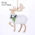 Wooden Christmas reindeer hanging ornament with white faux fur and green leaf detail - White Plush Elk
