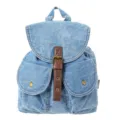 Blue washed denim backpack for women featuring brown faux leather strap and golden buckles - Light Blue