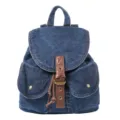 Stylish blue denim backpack for women featuring brown faux leather straps and metal buckle - Dark Blue